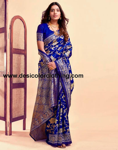Dark Blue and Golden Silk Saree with Jacquard Border & Matching Blouse