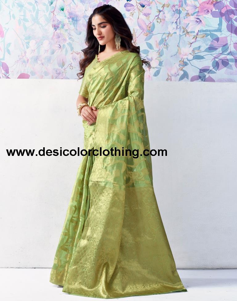 Pista Green Organza Woven Saree