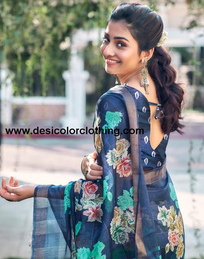 Dark Blue Cotton Printed Saree