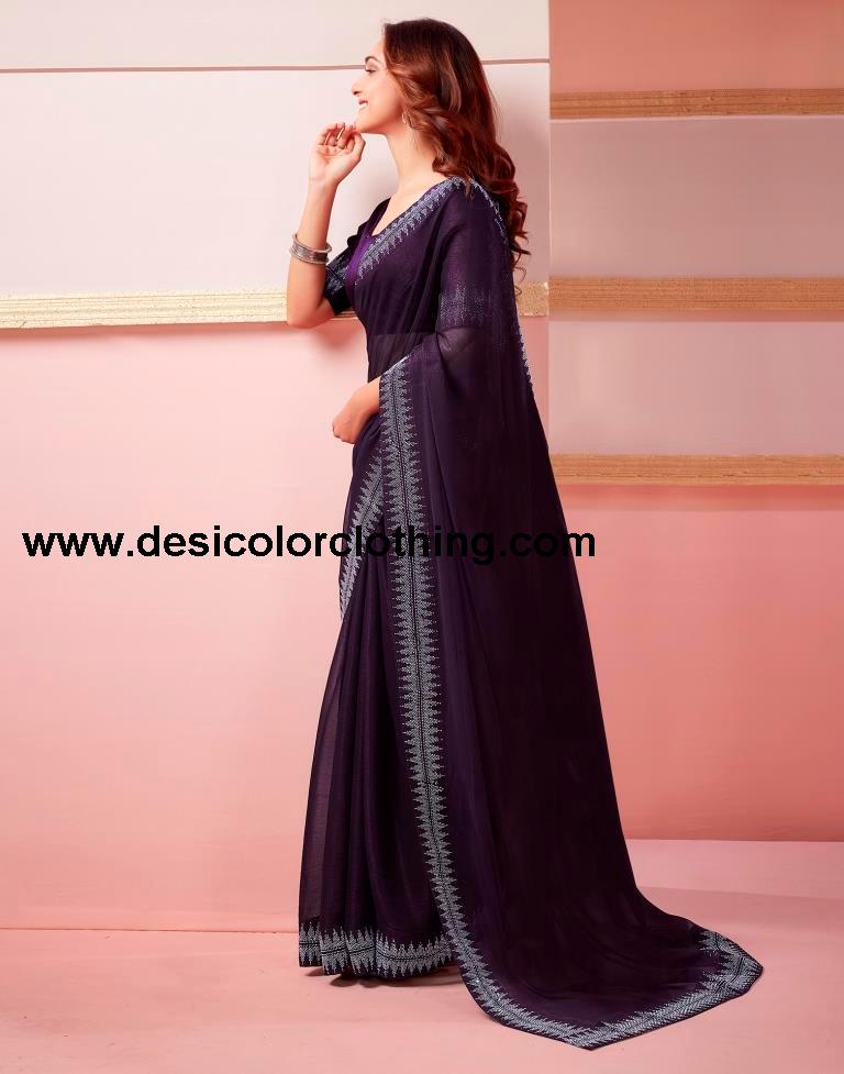 Deep Purple Chiffon Plain Saree