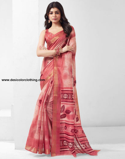 Rose Pink Printed Cotton Saree
