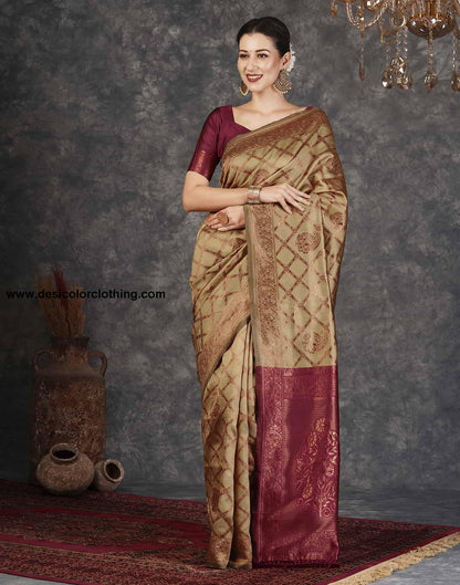Brown Banarasi Silk Woven Saree With Tassels