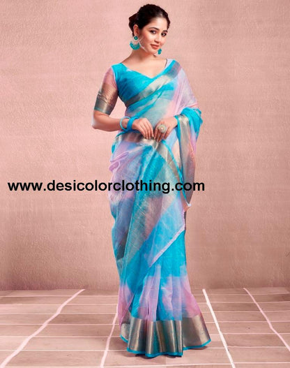 Blue Orgenza Printed Saree