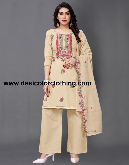 Warm Beige Cotton Embroidered Unstitched Salwar Suit