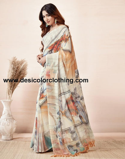Cream Georgette Printed Sarees