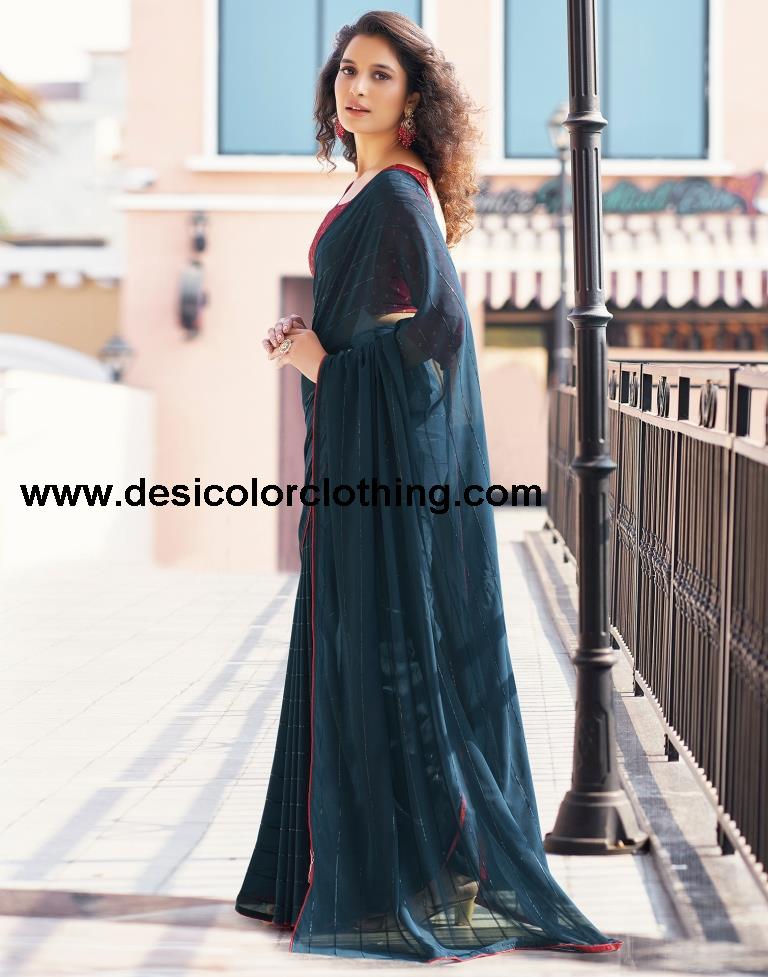 Dark Rama Blue Plain Georgette Saree