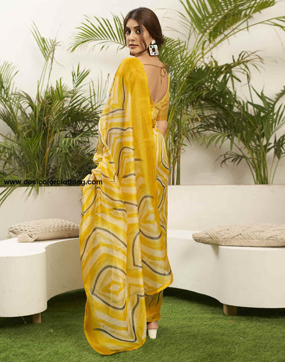 Yellow Cotton Printed Saree