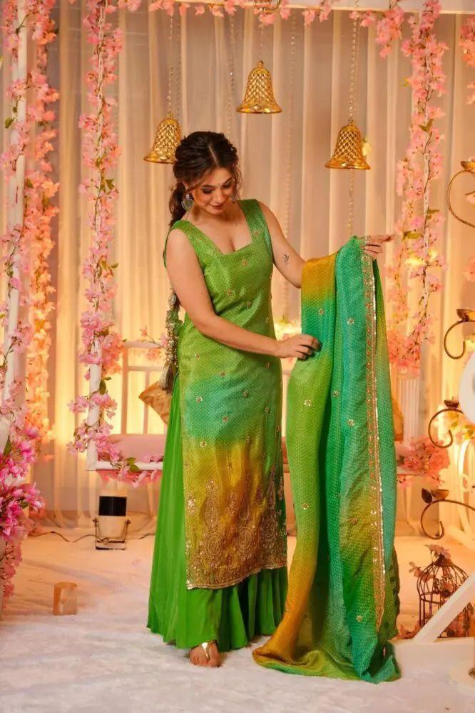 Product Image - Elegant Green Bandhej Print Suit with Beadwork | Designer Festive Wear