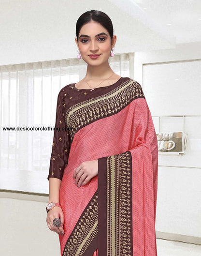 Rose Pink Polyester Printed Saree