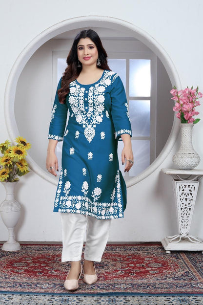 Product Image - Designer Chikankari Rayon Kurti and Pant Set | Ethnic Wear