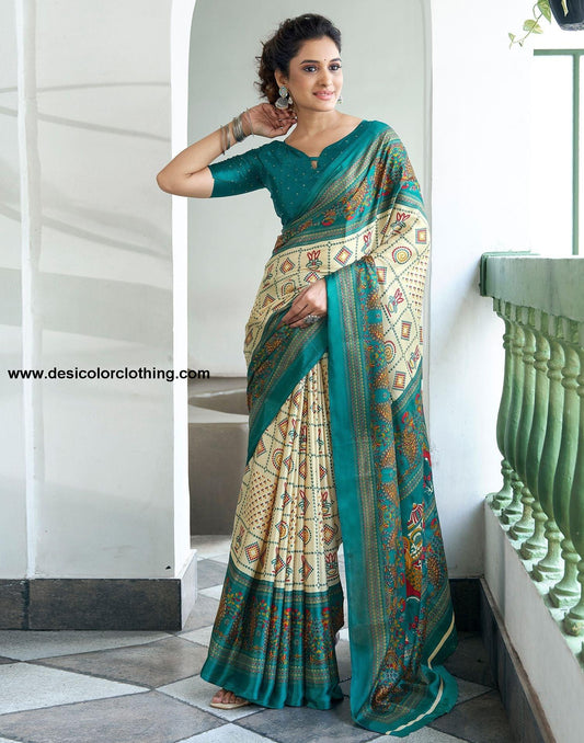 Rama Green Printed Silk Saree