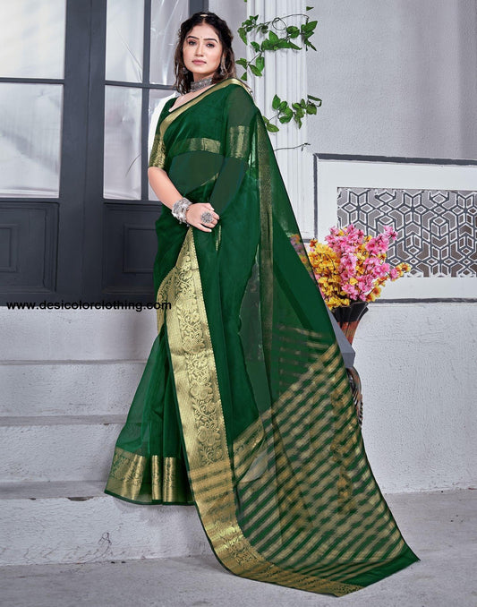 Dark Green Plain Organza Saree