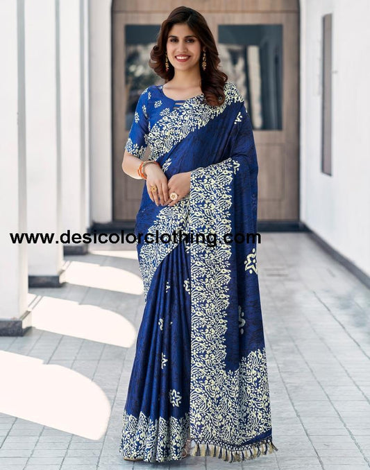 Dark Blue Silk Printed Saree