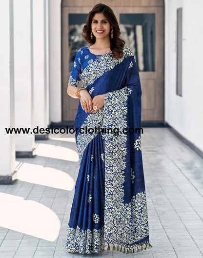Dark Blue Silk Printed Saree