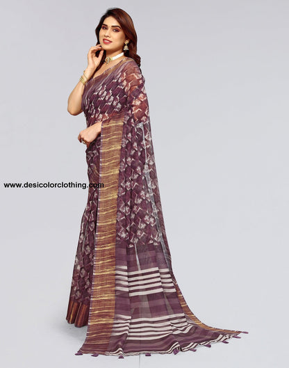 Dark Brown Cotton Printed Saree