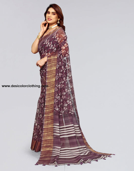 Dark Brown Cotton Printed Saree