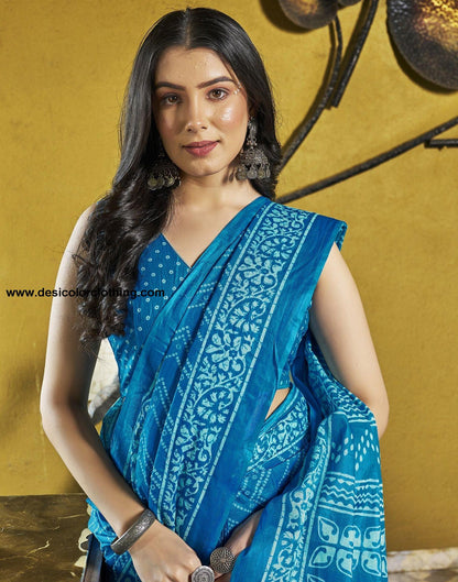 Blue Printed Cotton Pre-draped Saree