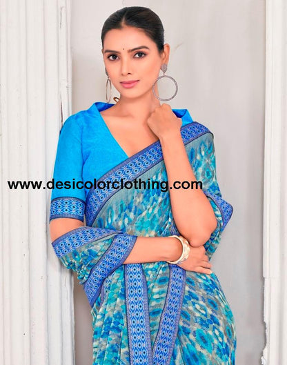 Blue Chiffon Printed Saree