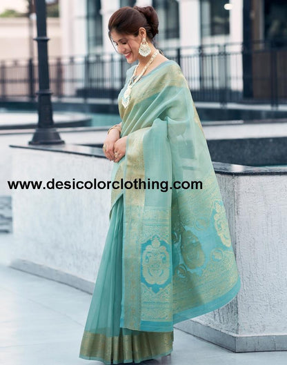 Blue Organza Woven Saree