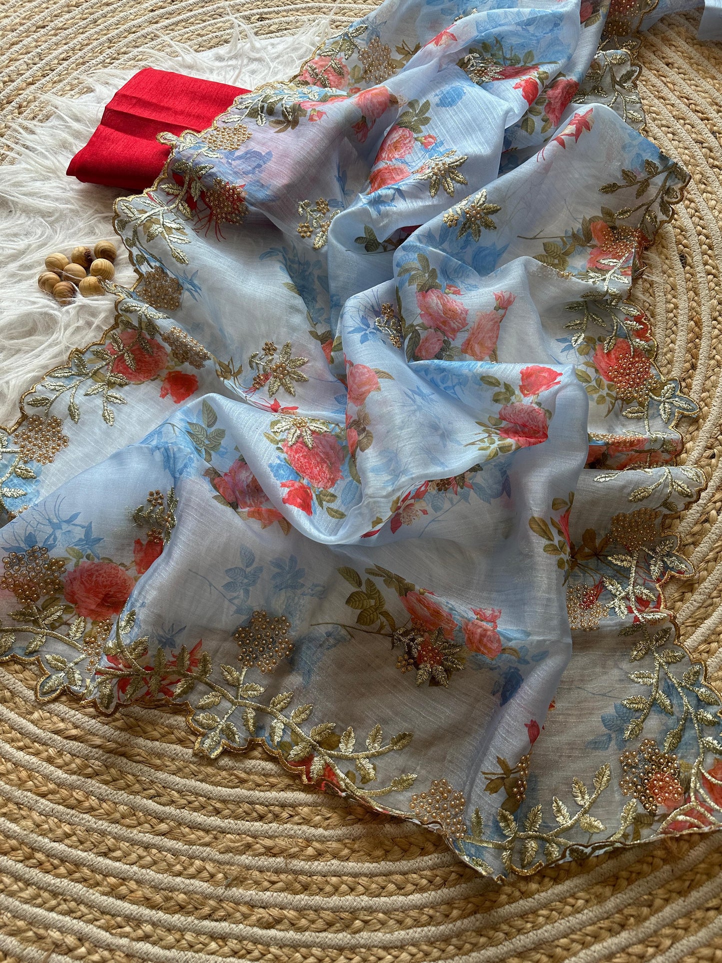 Product Image - Elegant Organza Silk Saree with Floral Digital Print and Zari Embroidery