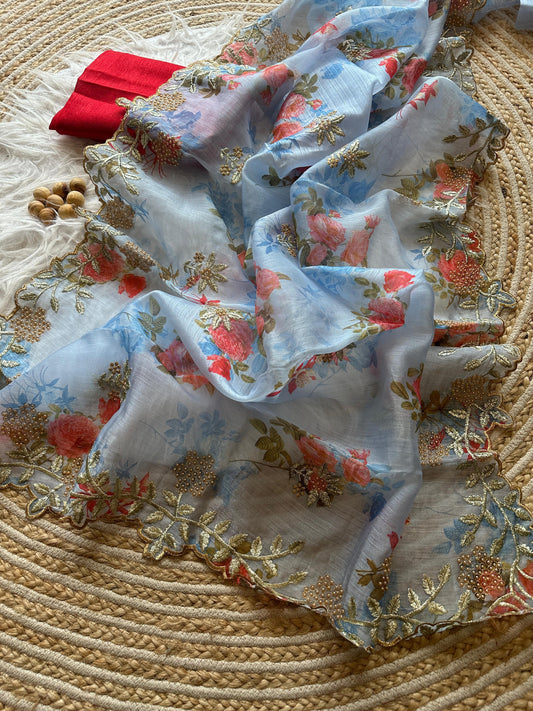 Product Image - Elegant Organza Silk Saree with Floral Digital Print and Zari Embroidery