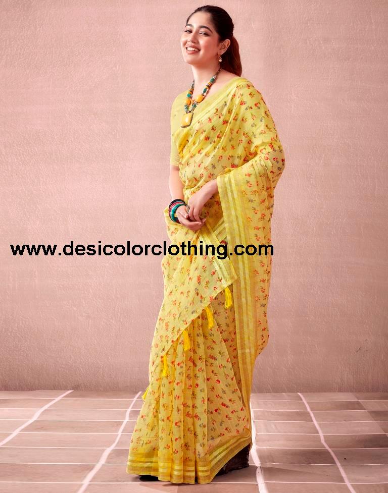 Yellow Cotton Printed  Saree