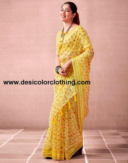 Yellow Cotton Printed  Saree