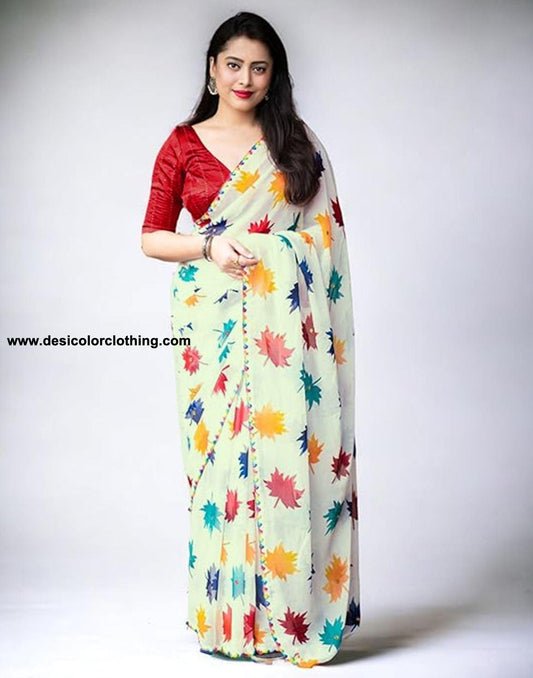 White Printed Georgette Saree