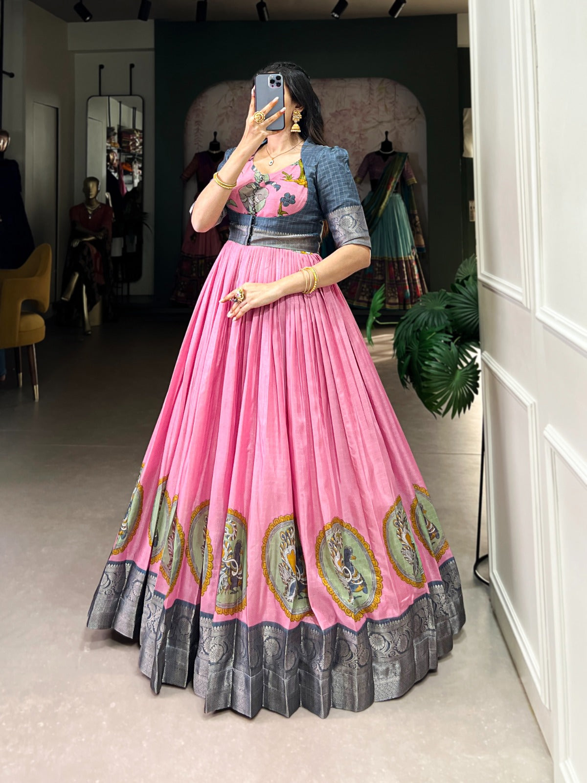 Product Image - Designer Dola Silk Gown with Kalamkari Print and Zari Weaving – Perfect for Weddings & Festive Occasions