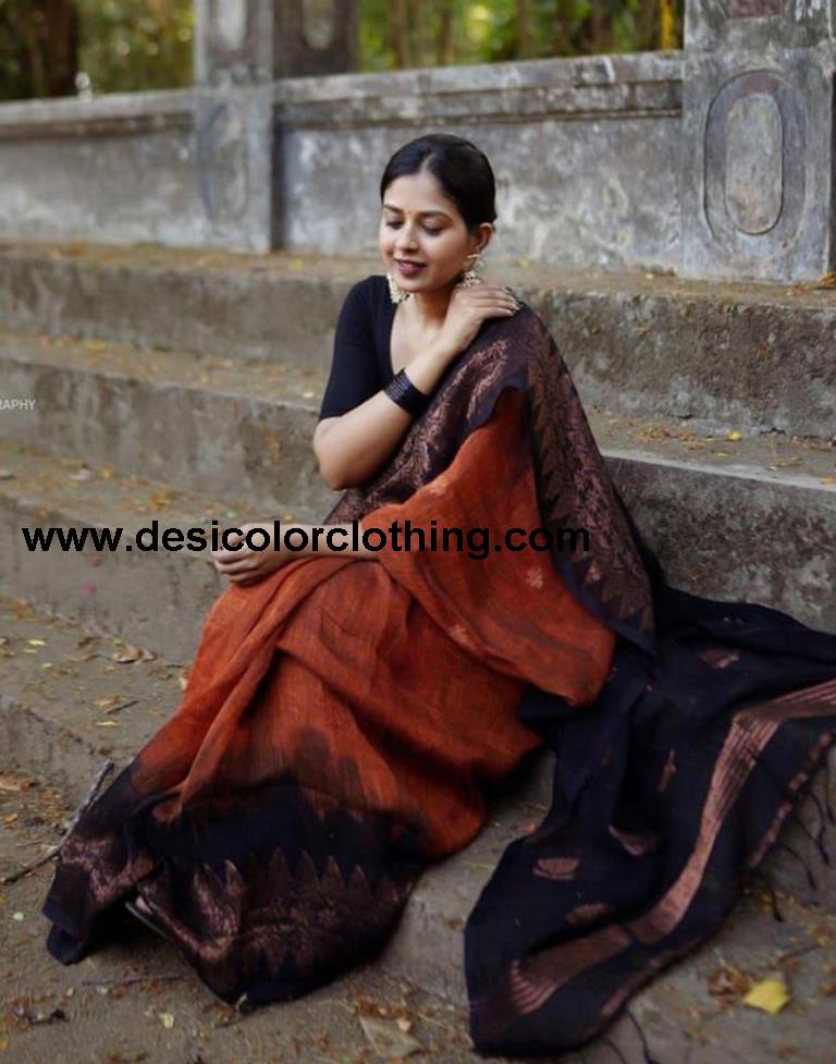 Rust Orange Cotton Weaving Saree