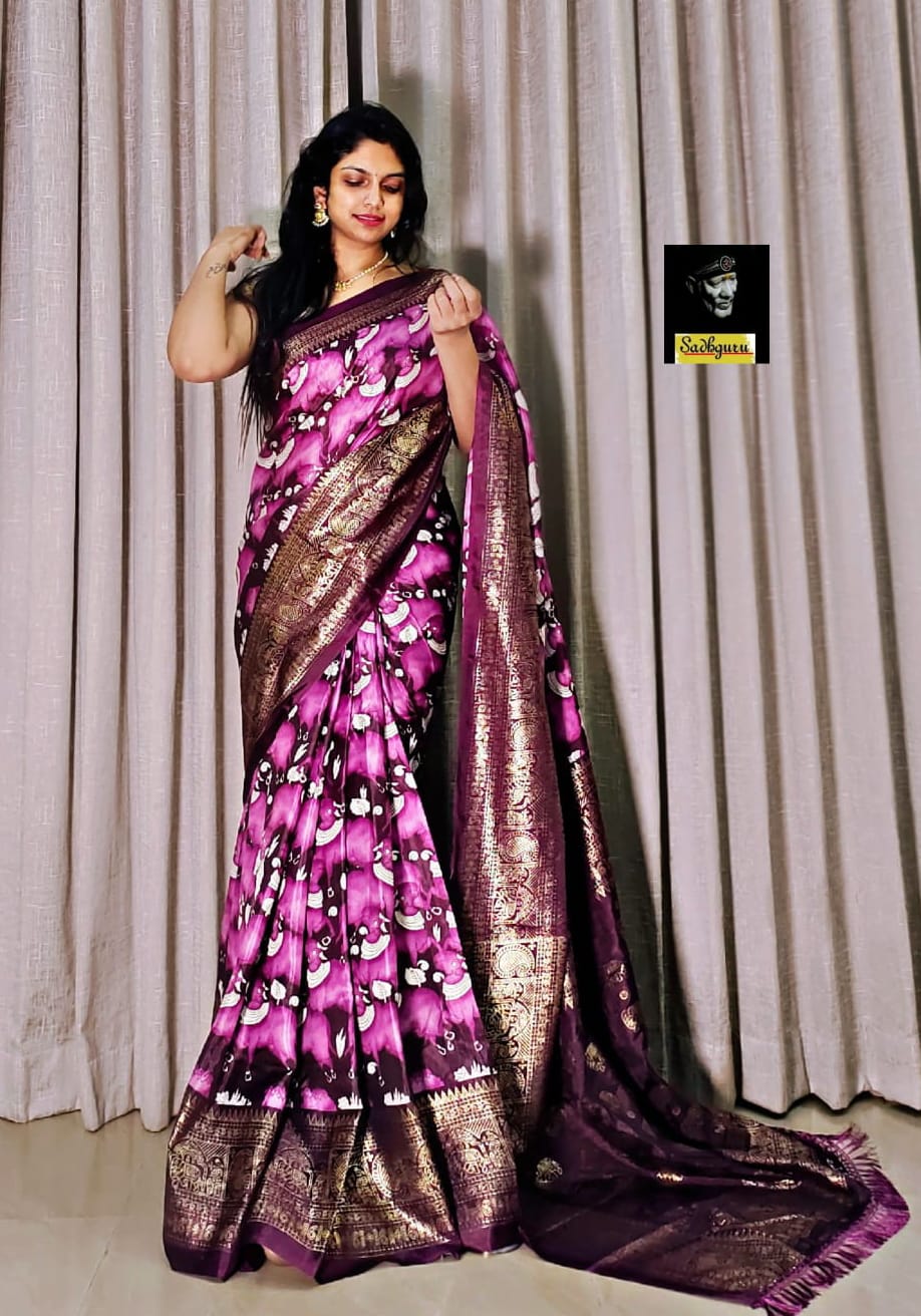 Product Image - Soft Pure Dola Silk Kalamkari Saree with Gold Foil Design – Elegant Festive Wear