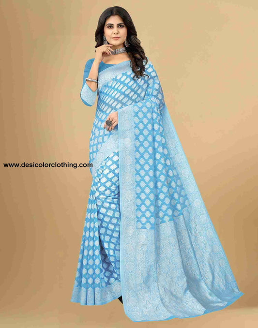 Blue Cotton Plain Saree