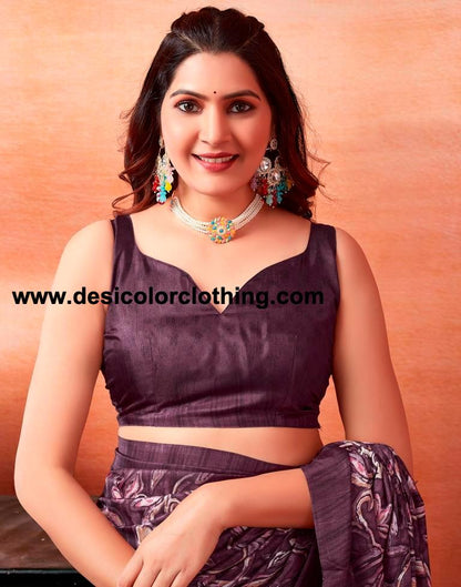 Dark Purple Silk Printed Sarees