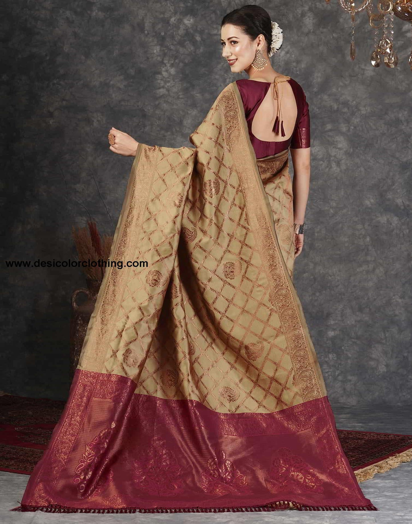 Brown Banarasi Silk Woven Saree With Tassels