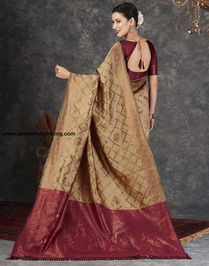 Brown Banarasi Silk Woven Saree With Tassels