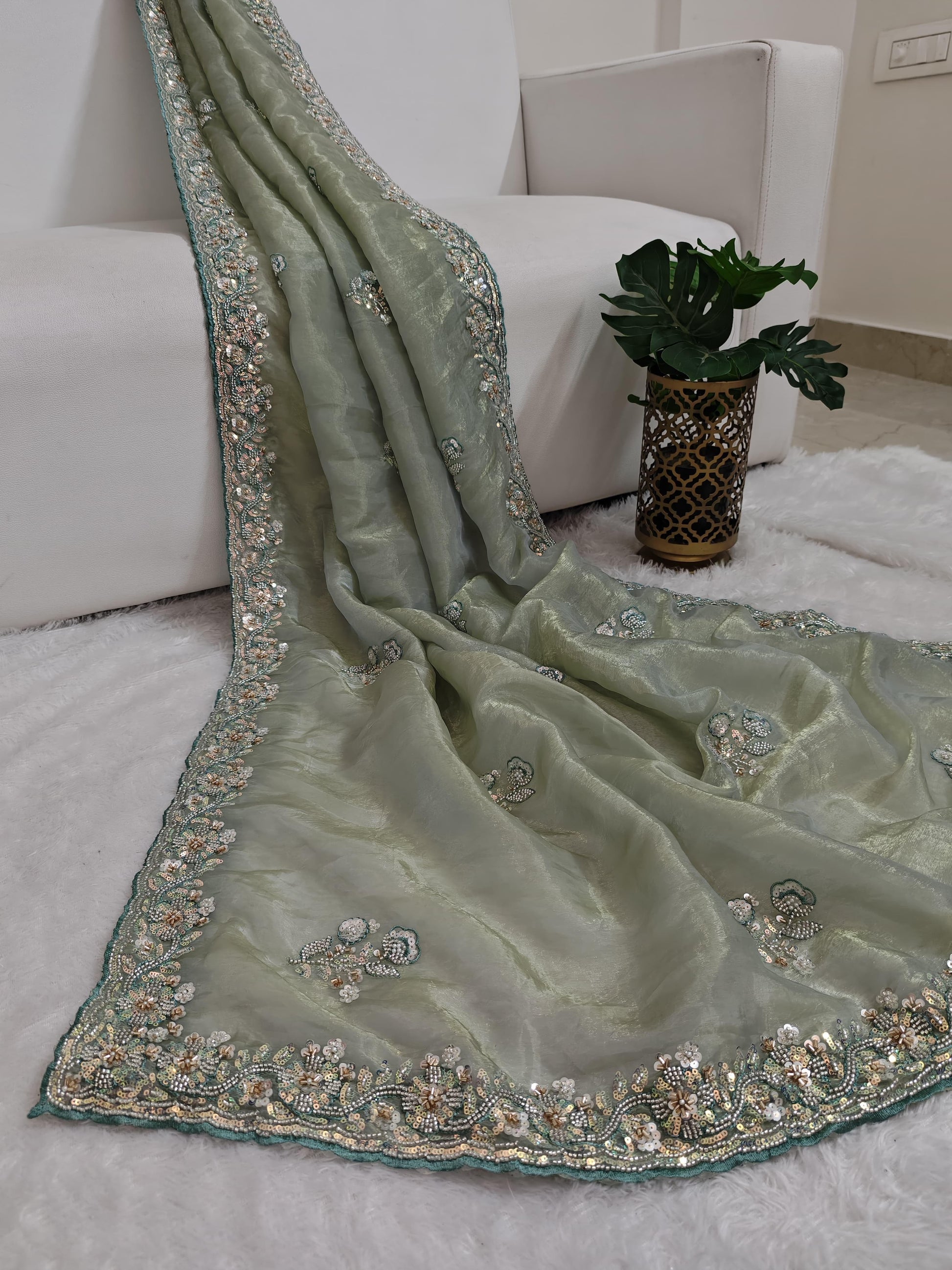 Product Image - Mint Color Shimmer Glass Organza Saree