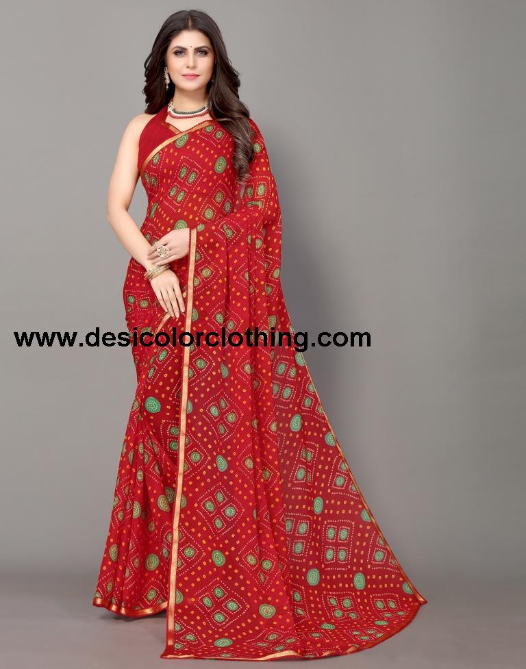 Red Bandhani Printed Saree