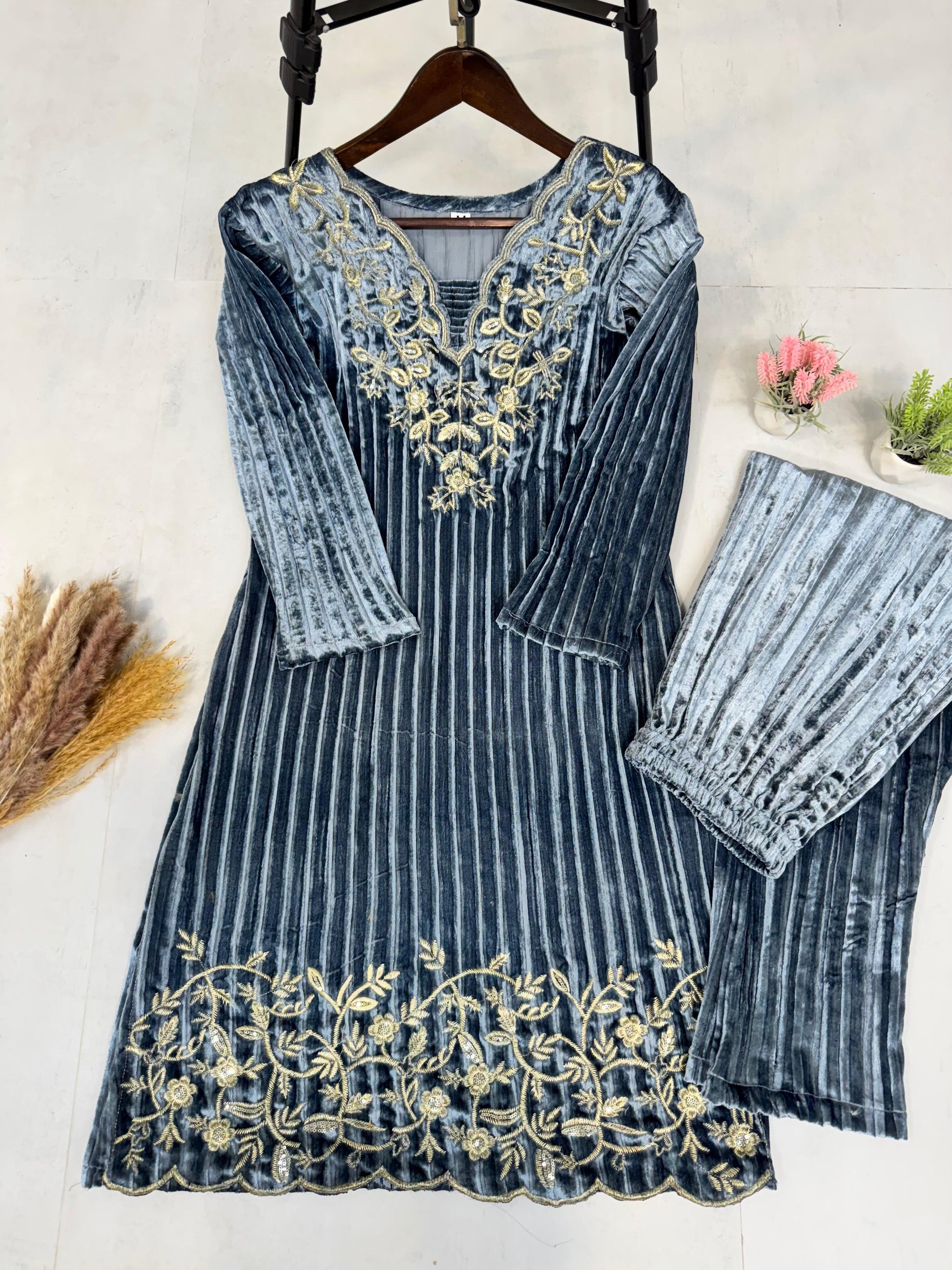 Product Image - Designer Blooming Velvet Embroidery Work Suit with Pant