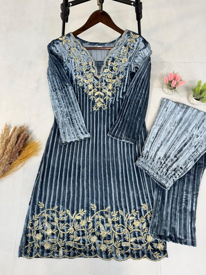 Product Image - Designer Blooming Velvet Embroidery Work Suit with Pant