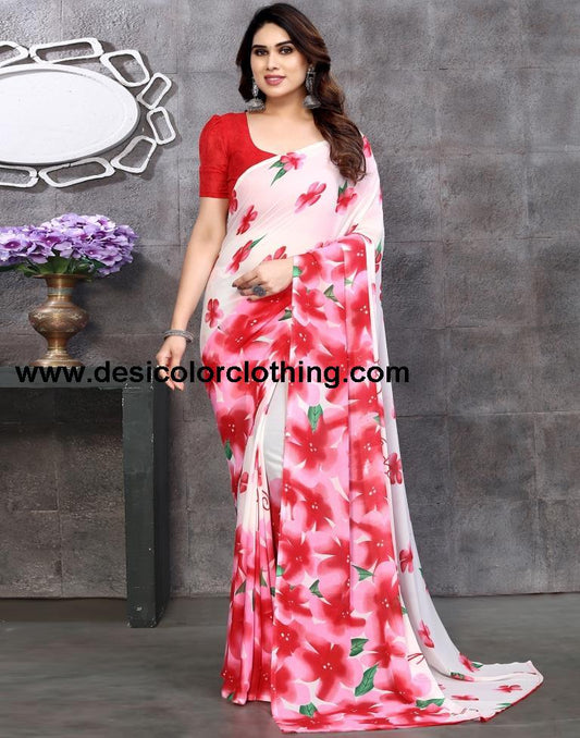 Red Georgette Floral Printed Saree