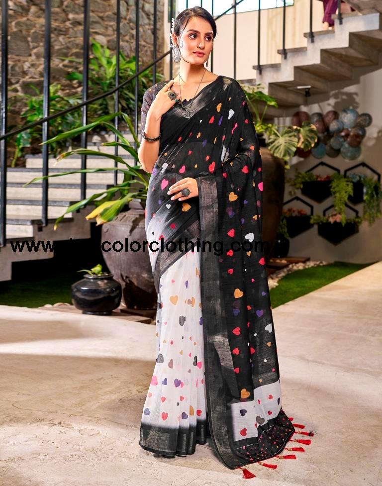 Black Linen Printed  Saree