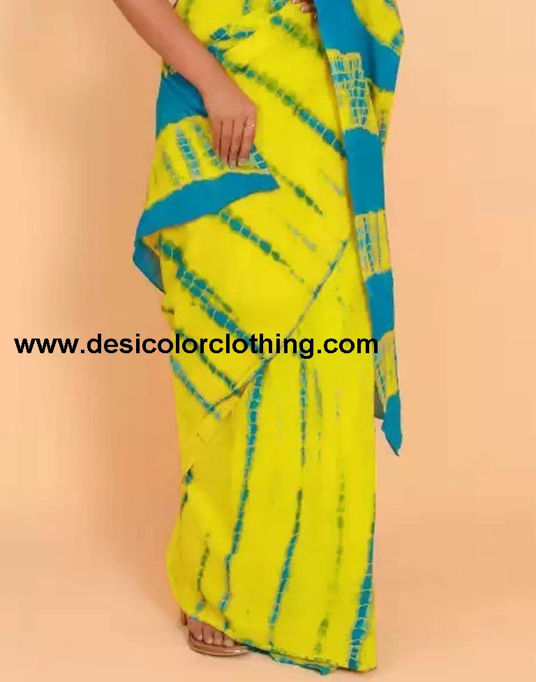 Yellow And Blue Tie And Dye Saree