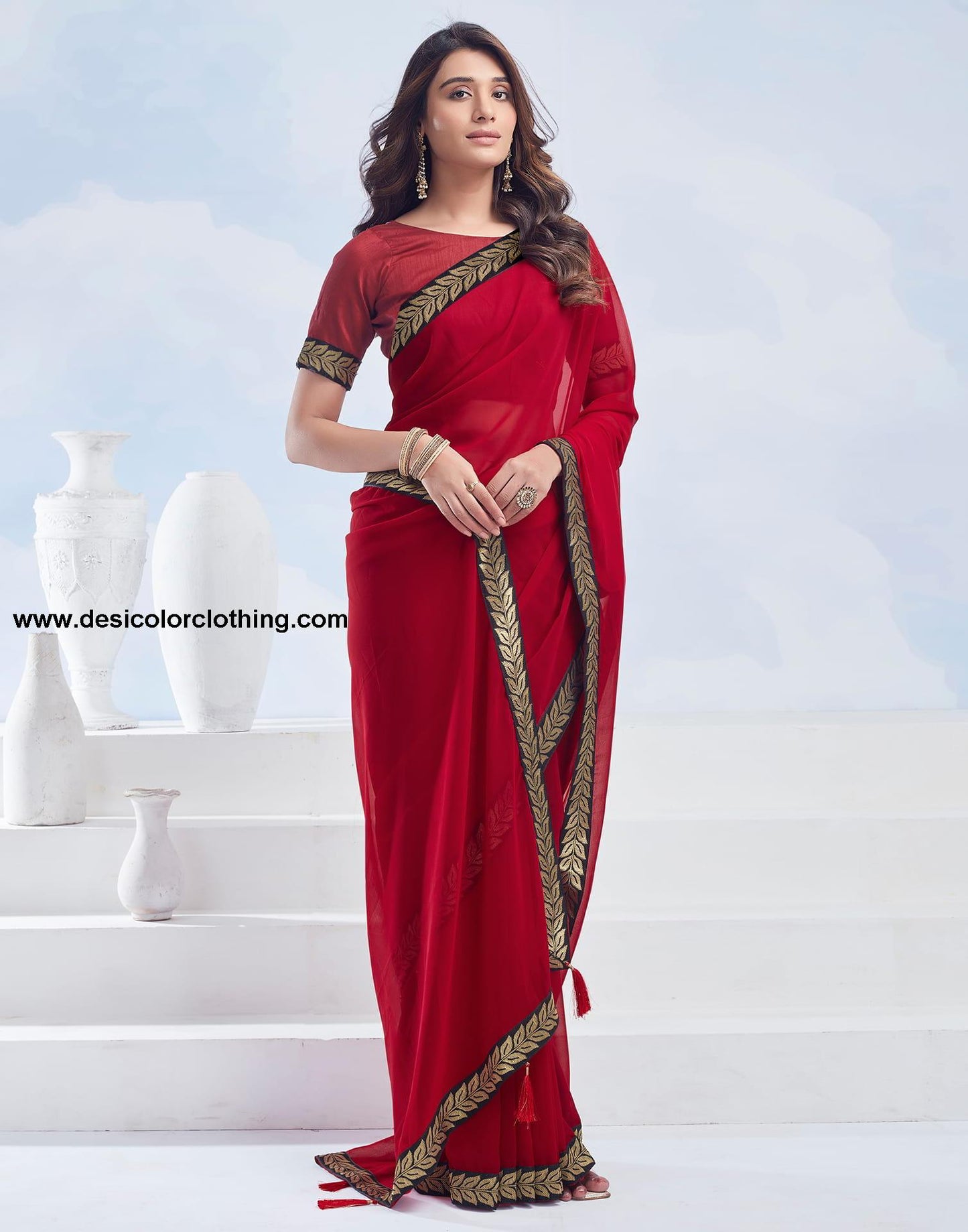 Red Plain Georgette Saree