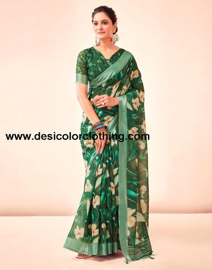 Dark Green Linen Printed Sarees