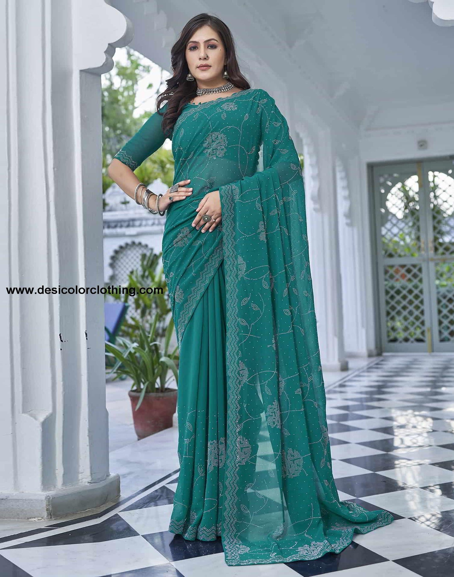 Turquoise Swarovski Georgette Stone Work Saree