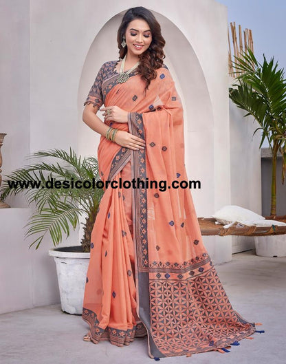 Peach  Silk Plain Sarees