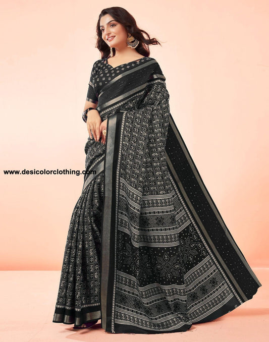 Black Printed Cotton Saree