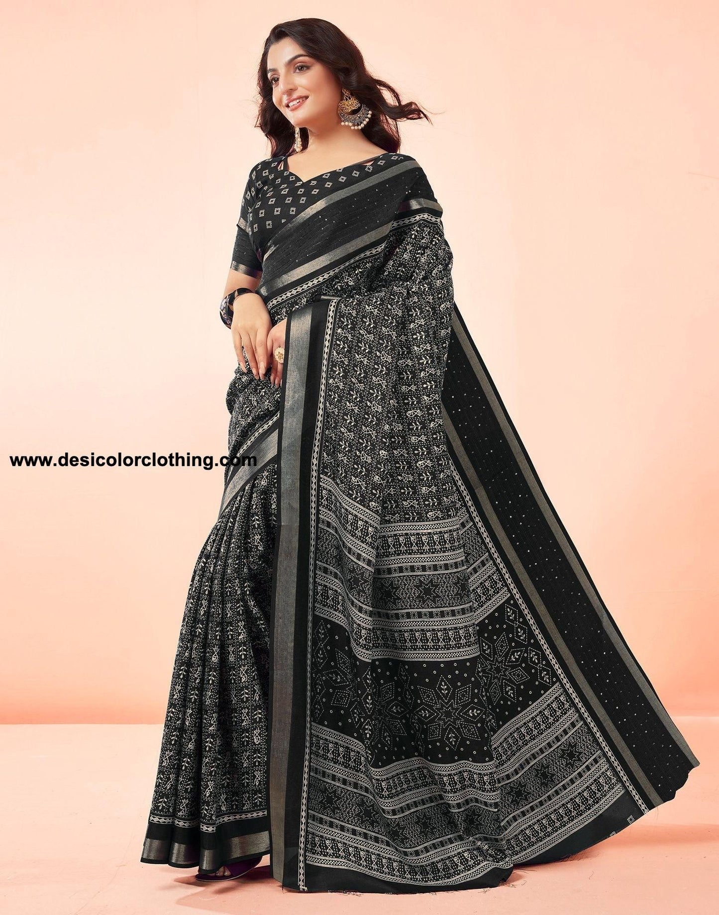 Black Printed Cotton Saree