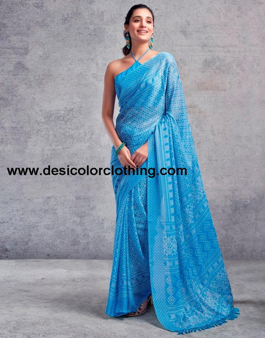 Blue Chiffon Printed  Saree