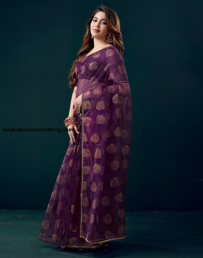 Purple Net Plain Saree